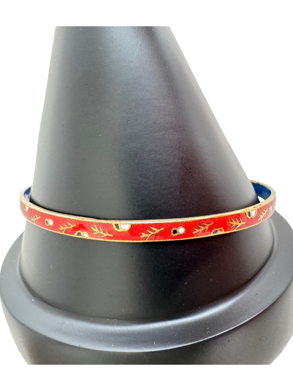 Vintage Red Enamel Bangle Bracelet Gold Tone Floral Leaf Motif Stackable Jewelry